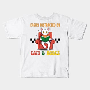 Cute Easily Distracted by Cats and Books Kids T-Shirt